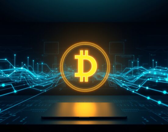 Digital illustration of USDC token with blockchain data streams representing a large cryptocurrency transfer.