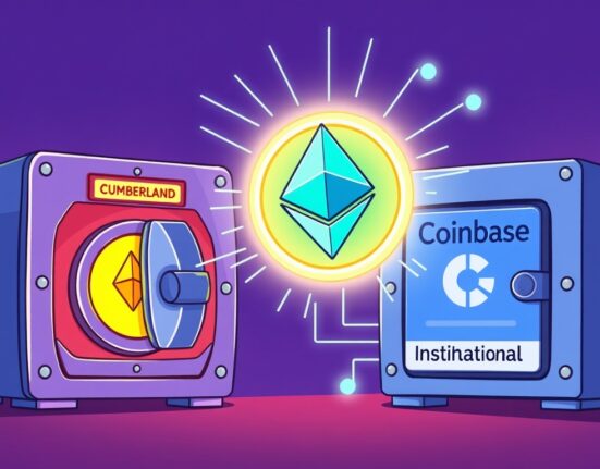Illustrates a significant Cumberland ETH transfer to Coinbase Institutional, signifying large-scale crypto institutional trading activity.