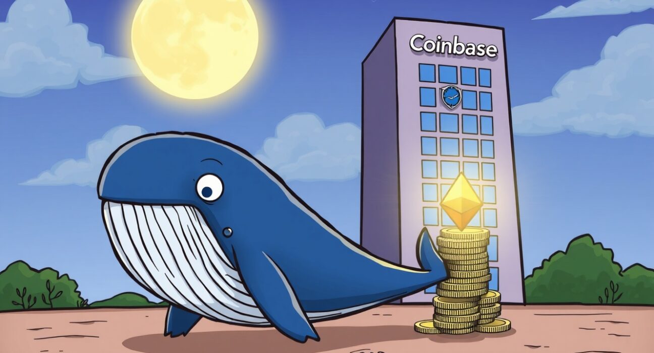 A cartoon whale making a large Cumberland ETH transfer to a crypto exchange, symbolizing significant market activity.