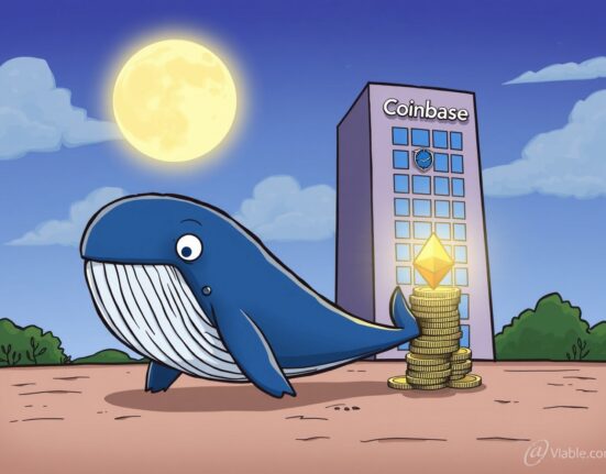A cartoon whale making a large Cumberland ETH transfer to a crypto exchange, symbolizing significant market activity.