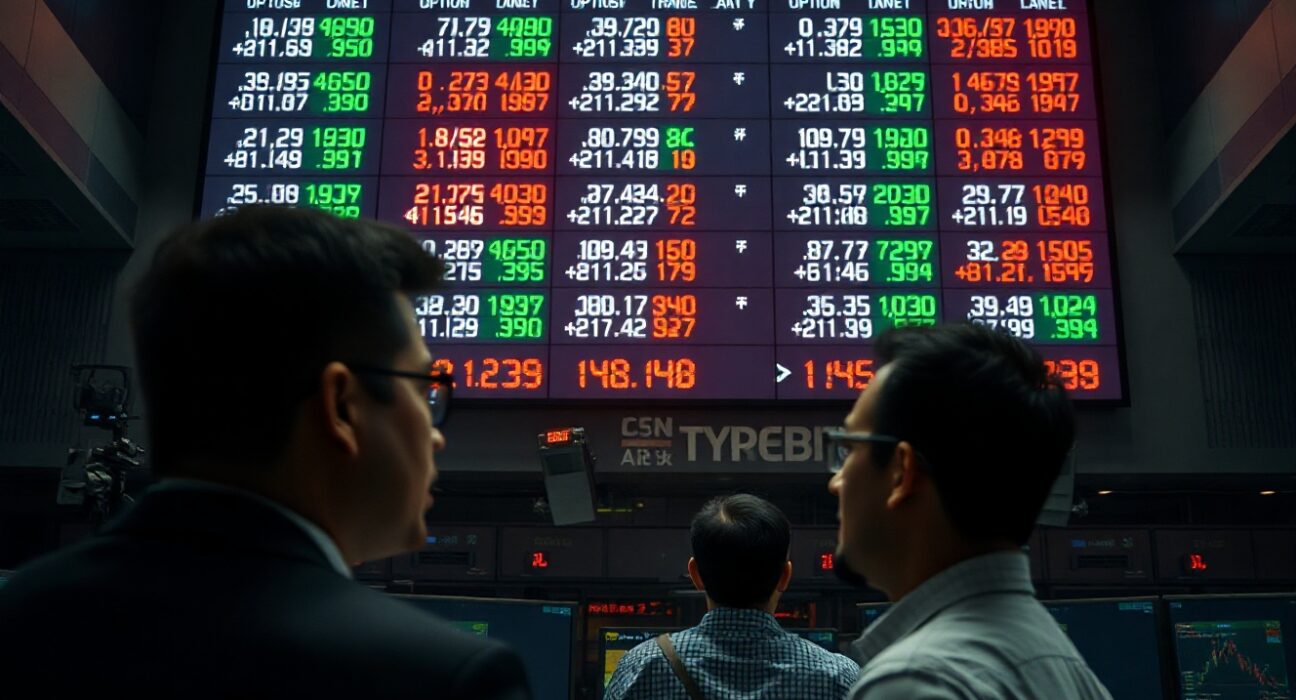 Digital trading board displaying currency option expiry data in a professional dealing room