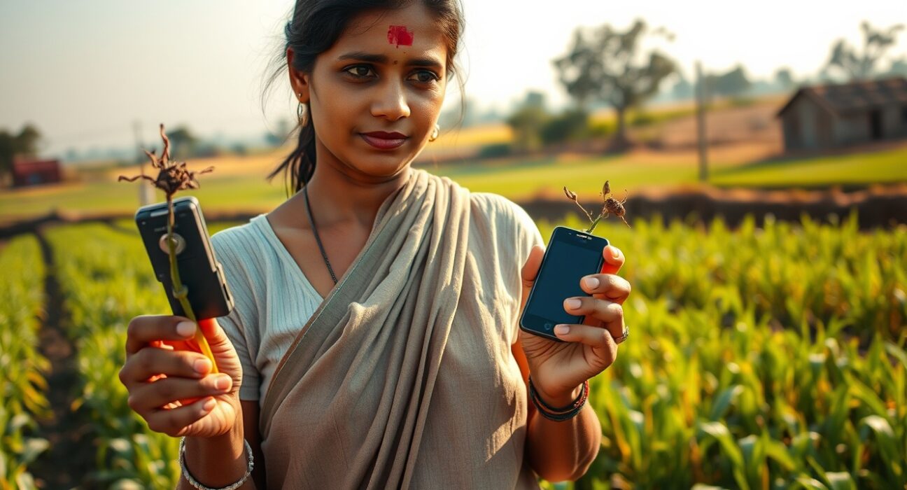 Farmer in rural India using a pocket-sized AI device to identify a plant disease in her local language