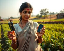 Farmer in rural India using a pocket-sized AI device to identify a plant disease in her local language