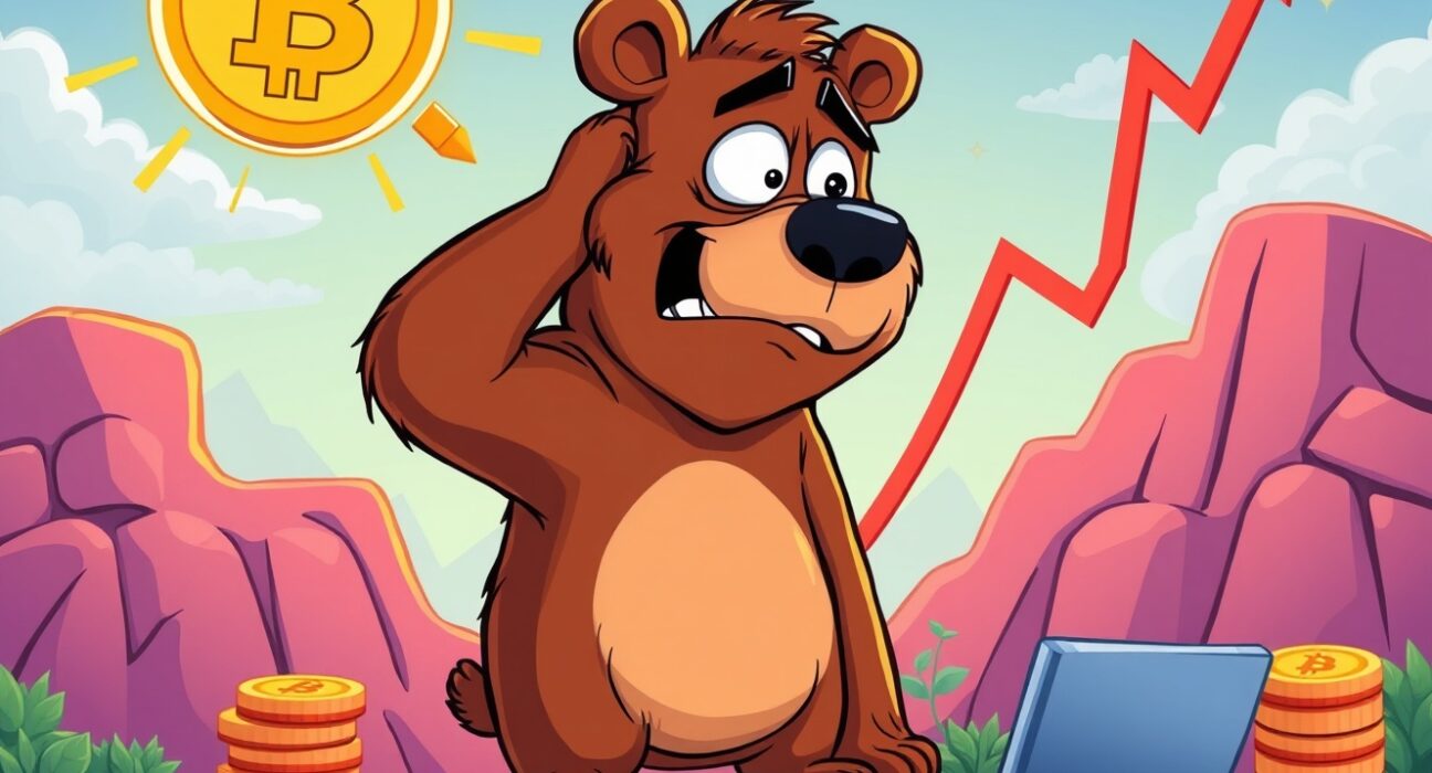 Cartoon bear confused by rising crypto charts showing this isn't a bear market
