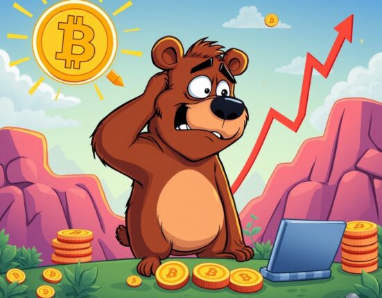 Cartoon bear confused by rising crypto charts showing this isn't a bear market