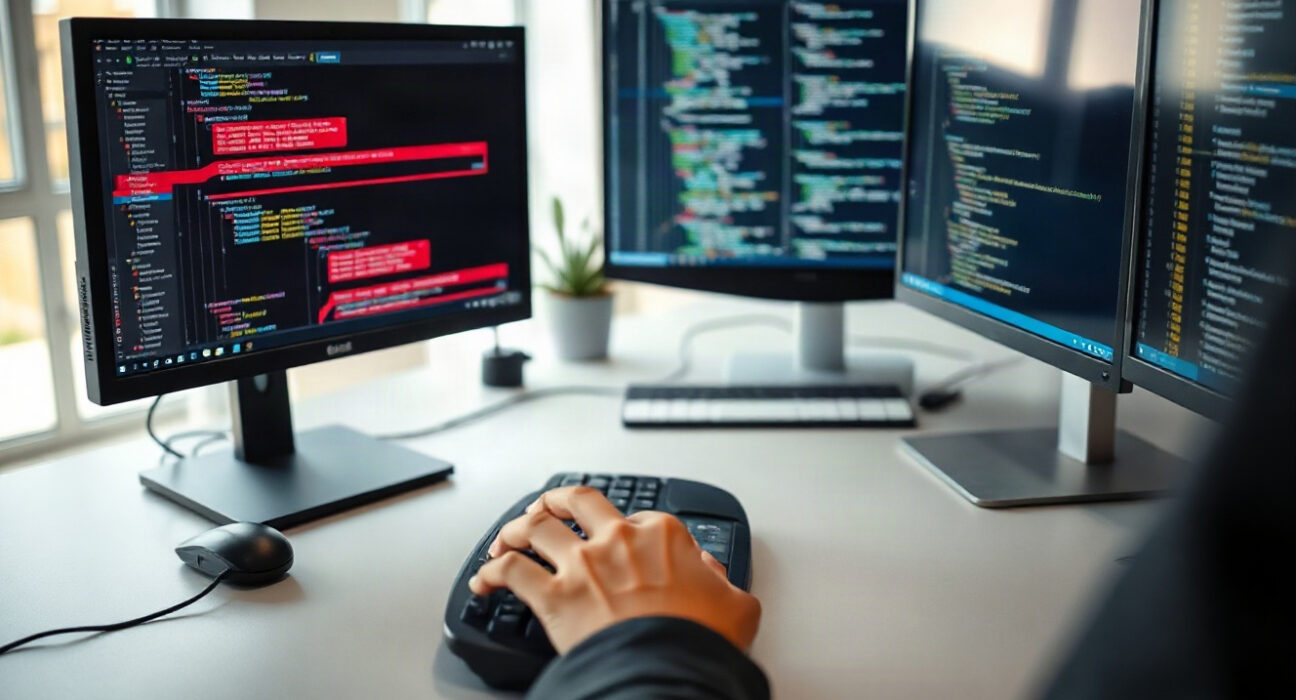 Developer using a computer with code on screen, representing Cursor's new Origin platform.