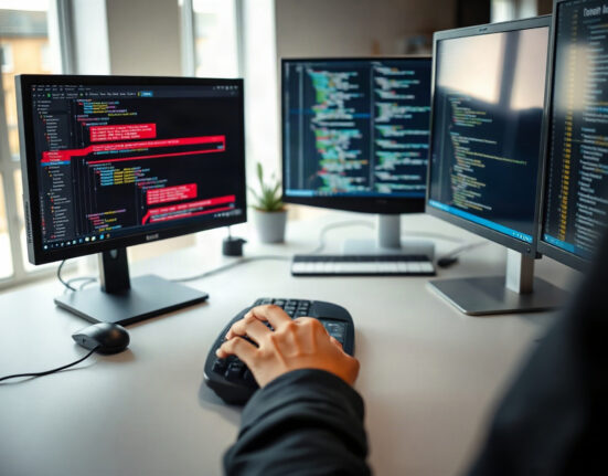 Developer using a computer with code on screen, representing Cursor's new Origin platform.