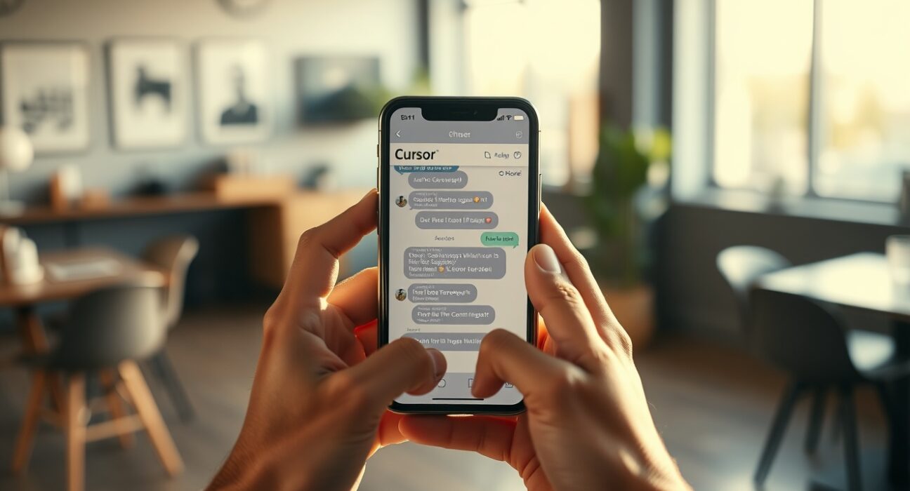 Developer using Cursor mobile app on iPhone to interact with a coding agent in a coffee shop