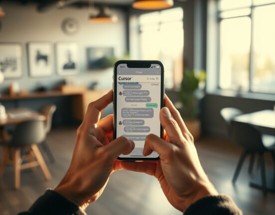 Developer using Cursor mobile app on iPhone to interact with a coding agent in a coffee shop