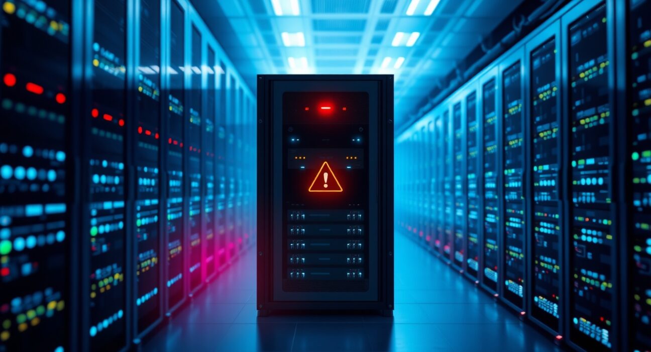 Server rack with red warning light in a data center, representing a DeFi protocol security halt.