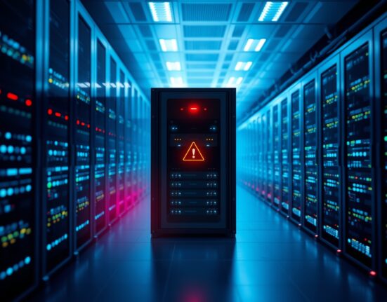 Server rack with red warning light in a data center, representing a DeFi protocol security halt.