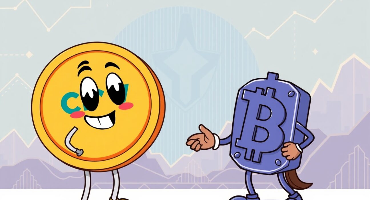 Cartoon illustration of a digital handshake over a substantial Curve DAO crvUSD credit line, symbolizing a new partnership in DeFi.