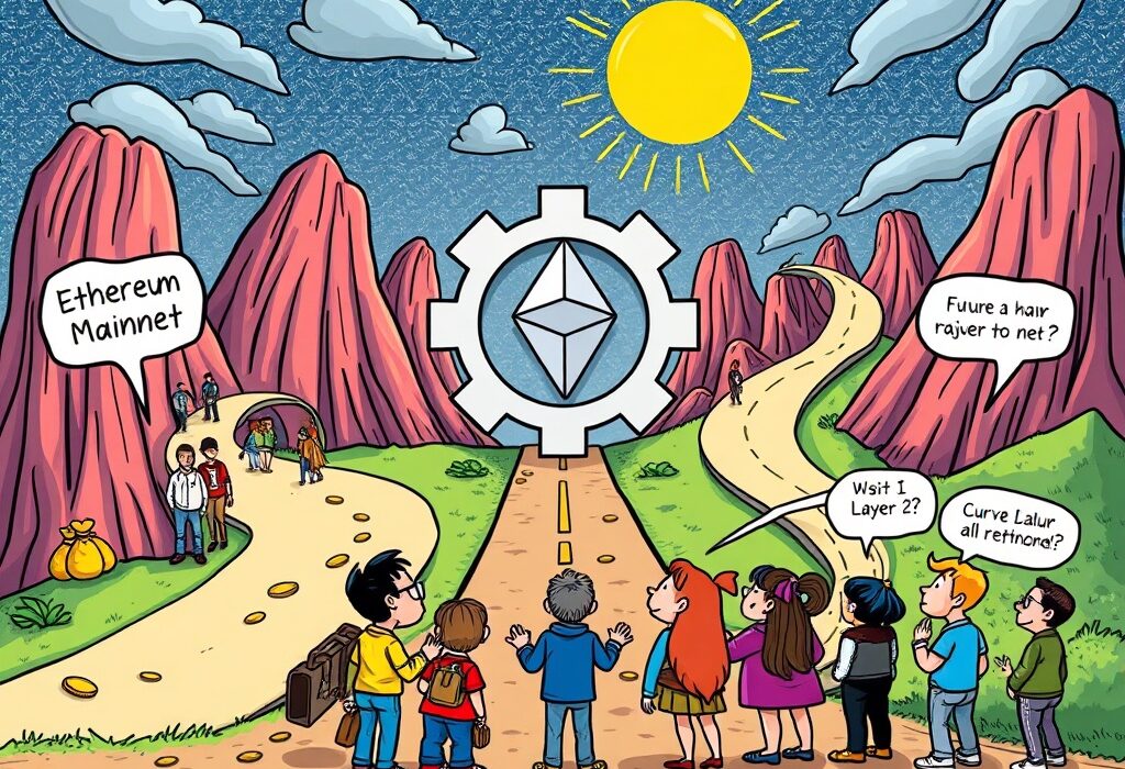 Cartoon illustration depicting the Curve DAO Layer-2 strategy being re-evaluated, showing a clear distinction between mainnet and layer-2 fee generation.