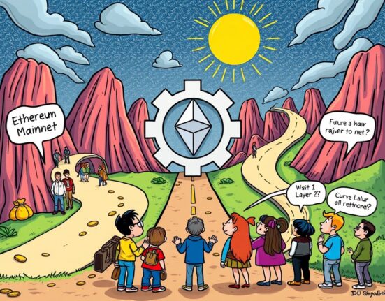 Cartoon illustration depicting the Curve DAO Layer-2 strategy being re-evaluated, showing a clear distinction between mainnet and layer-2 fee generation.