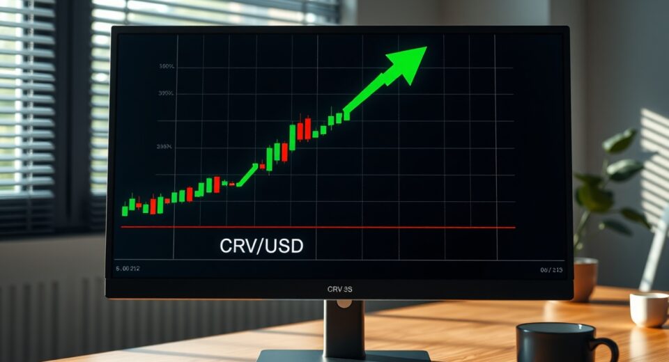 CRV price chart on monitor showing breakout arrow above resistance line in a professional office setting