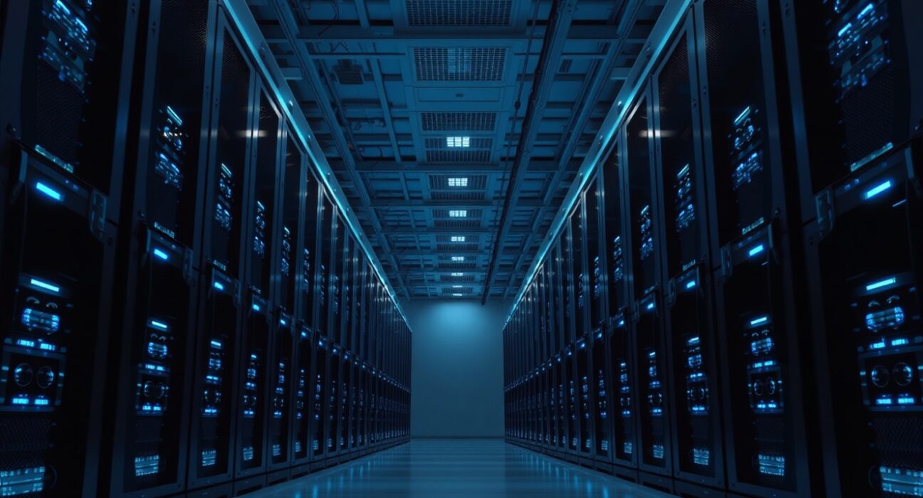 Interior of a modern data center with blue-lit server racks, representing planned database maintenance.