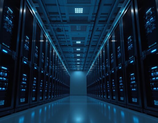 Interior of a modern data center with blue-lit server racks, representing planned database maintenance.