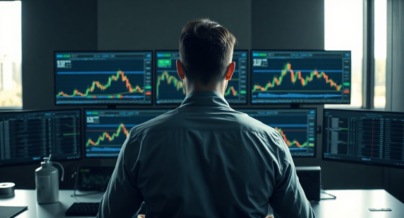 Trader at desk with monitors showing crypto charts, symbolizing market scrutiny of memecoin platforms