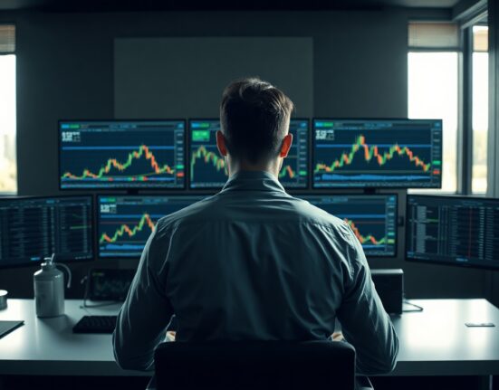 Trader at desk with monitors showing crypto charts, symbolizing market scrutiny of memecoin platforms