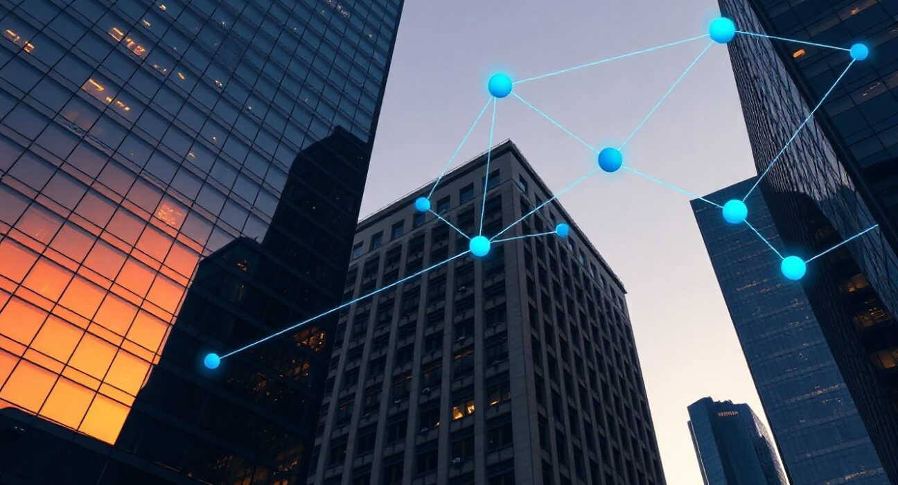 Modern financial district at twilight with subtle digital network lines representing blockchain infrastructure