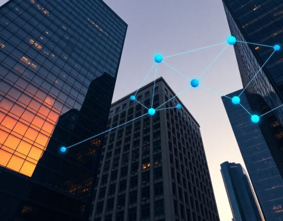 Modern financial district at twilight with subtle digital network lines representing blockchain infrastructure