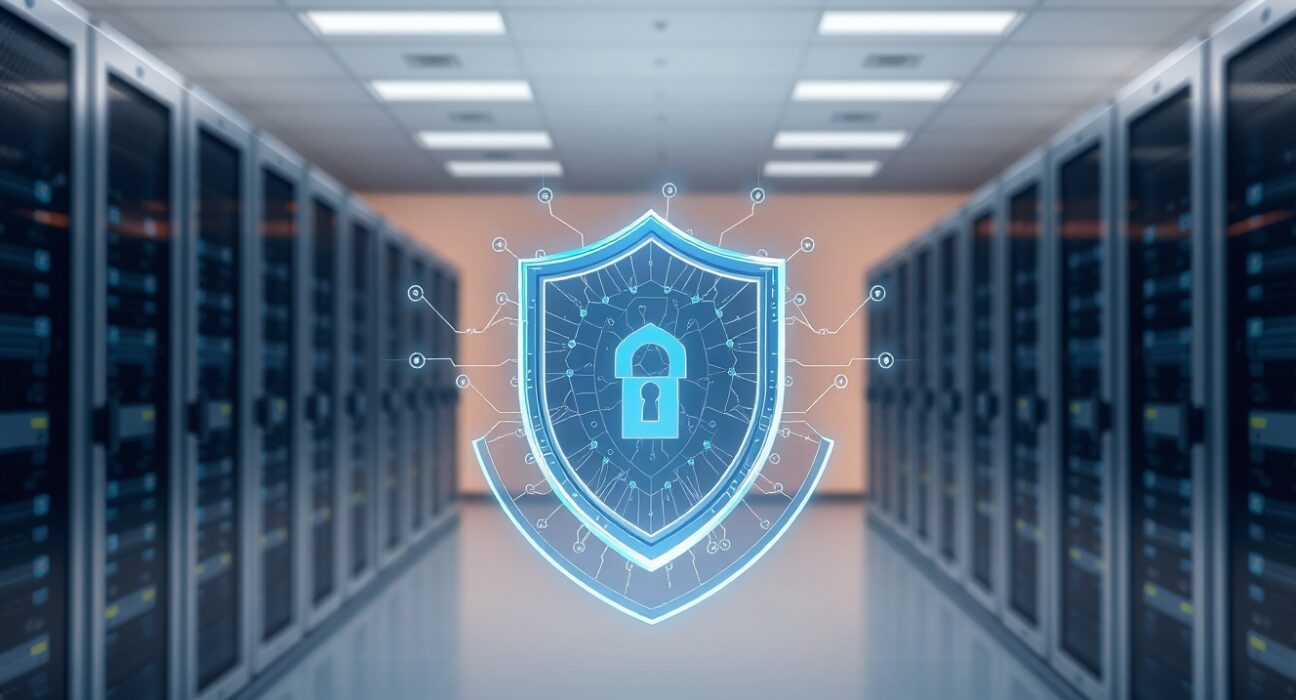 DeFi security standard concept showing protective shield over blockchain network infrastructure