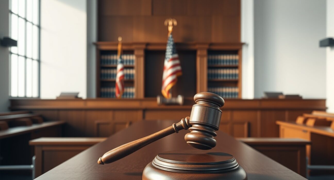 Courtroom scene symbolizing the Custodia Bank Federal Reserve lawsuit rejection ruling.