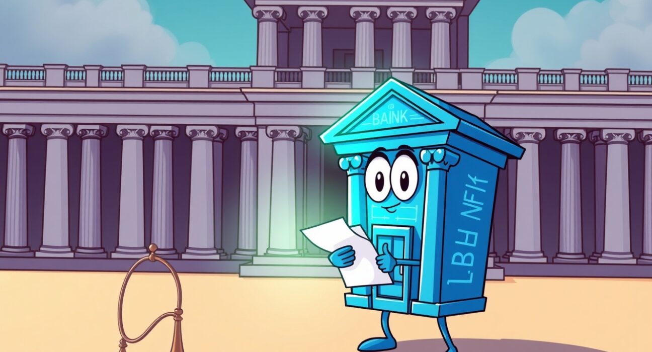 Cartoon illustration of a crypto bank's determined fight for a Fed master account against a government backdrop.