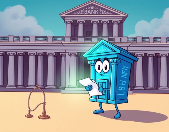 Cartoon illustration of a crypto bank's determined fight for a Fed master account against a government backdrop.