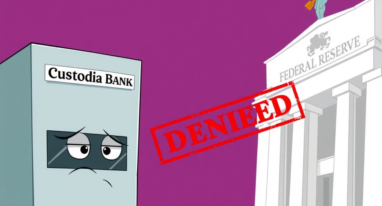 A cartoon showing Custodia Bank's master account application being denied by the Federal Reserve.