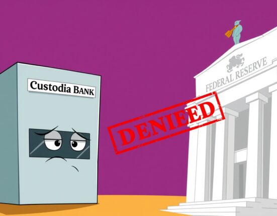 A cartoon showing Custodia Bank's master account application being denied by the Federal Reserve.