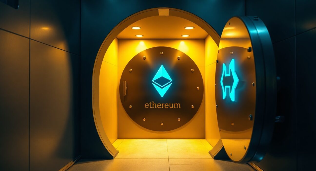 Inside a modern bank vault with a glowing digital Ethereum symbol and Hazel network logo, representing a new deposit token system.