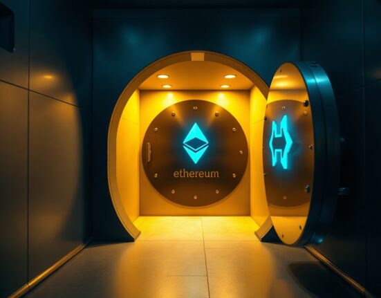 Inside a modern bank vault with a glowing digital Ethereum symbol and Hazel network logo, representing a new deposit token system.