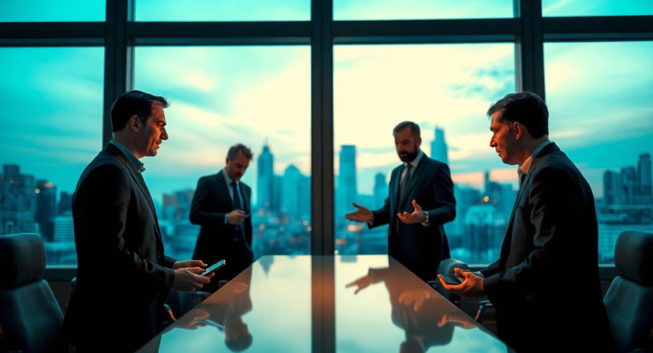 Two men in a boardroom facing each other in a tense debate about Cardano governance