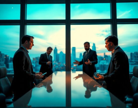 Two men in a boardroom facing each other in a tense debate about Cardano governance