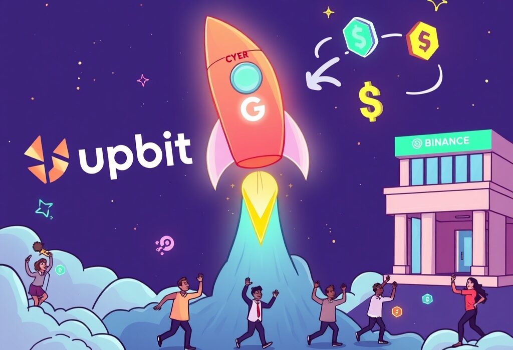 Cartoon illustration showing the CYBER token rocketing skyward, symbolizing its explosive surge after the Upbit listing and significant Binance transfer.