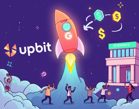 Cartoon illustration showing the CYBER token rocketing skyward, symbolizing its explosive surge after the Upbit listing and significant Binance transfer.