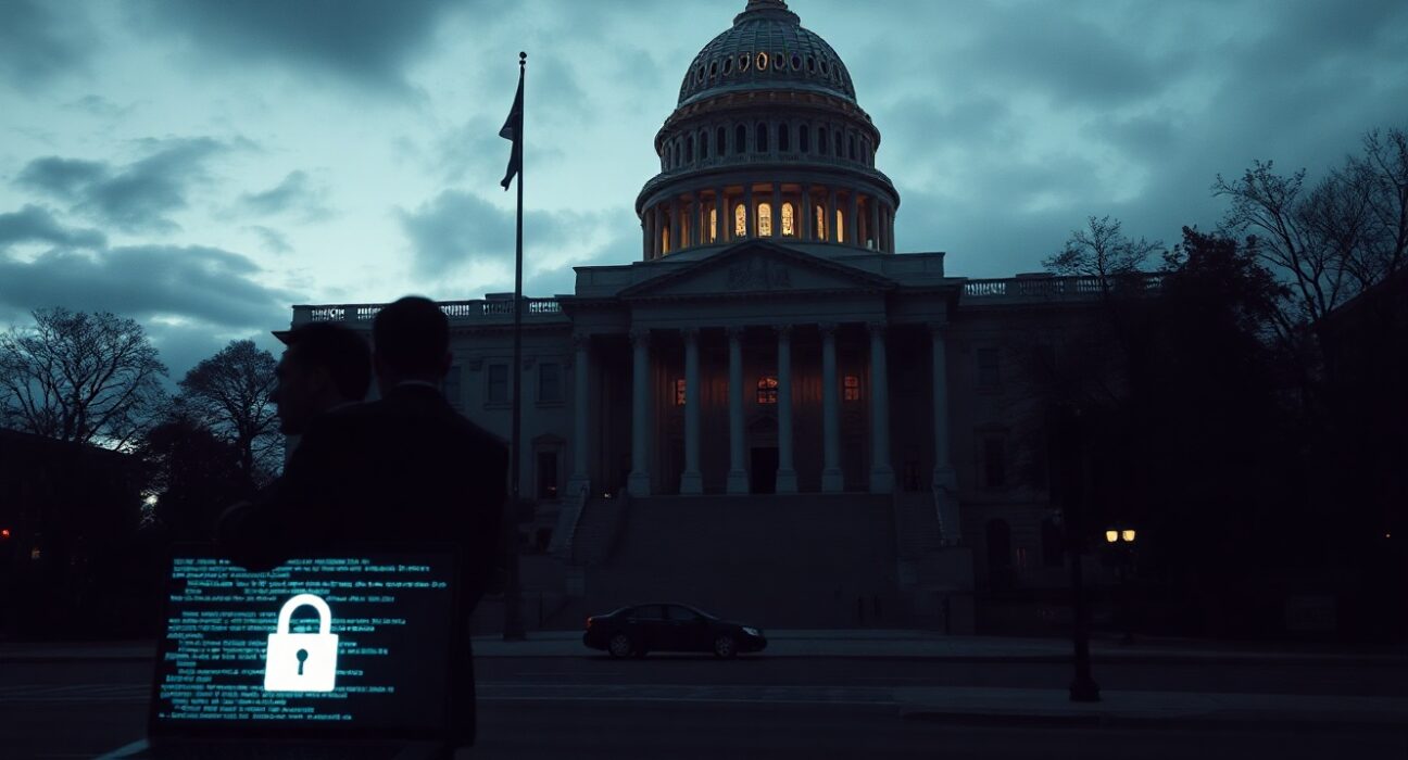 US government building at dusk with digital overlay symbolizing cybersecurity and AI regulation