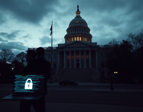 US government building at dusk with digital overlay symbolizing cybersecurity and AI regulation