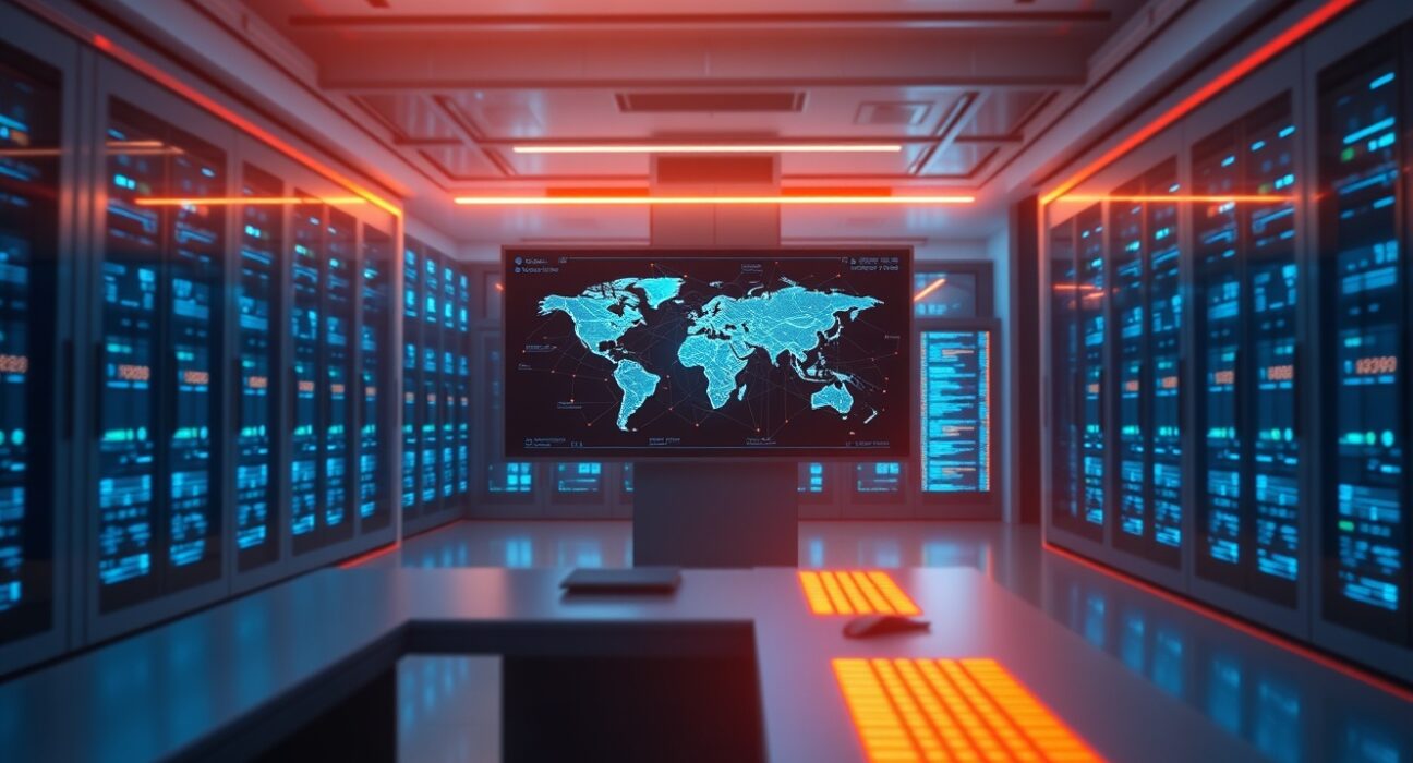 Modern data center with digital blockchain network displays representing crypto clearing infrastructure.