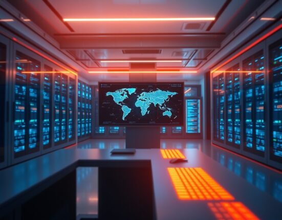 Modern data center with digital blockchain network displays representing crypto clearing infrastructure.