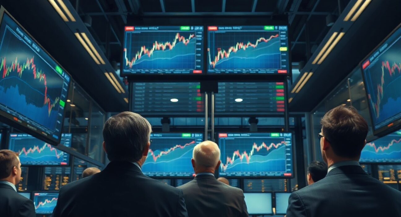 Trading floor with analysts monitoring stock charts and market data screens
