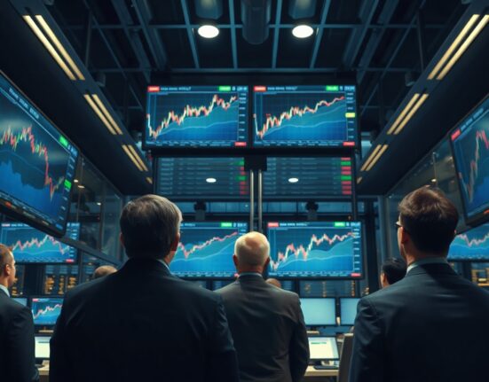 Trading floor with analysts monitoring stock charts and market data screens