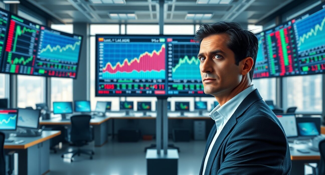 Financial analyst monitors cyclical stock performance and geopolitical market trends on trading floor displays.
