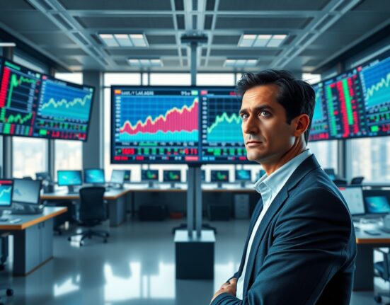 Financial analyst monitors cyclical stock performance and geopolitical market trends on trading floor displays.