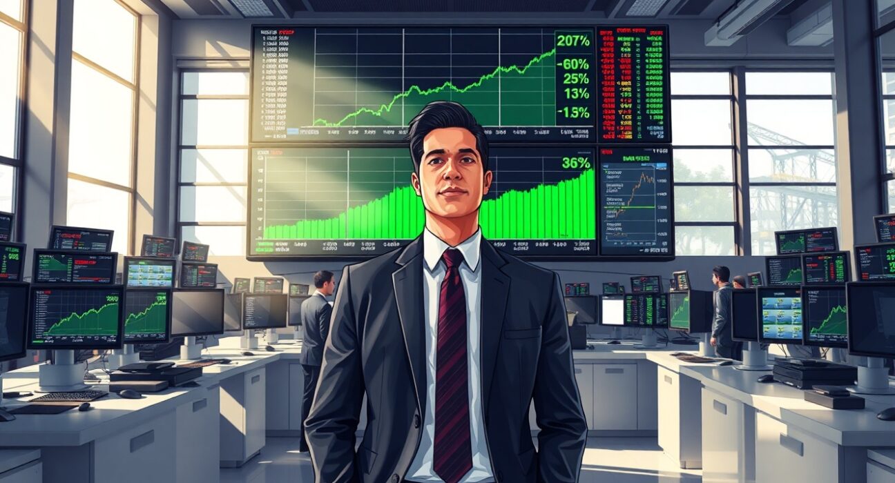 Financial analyst monitors a rebound in cyclical equities on trading floor screens.