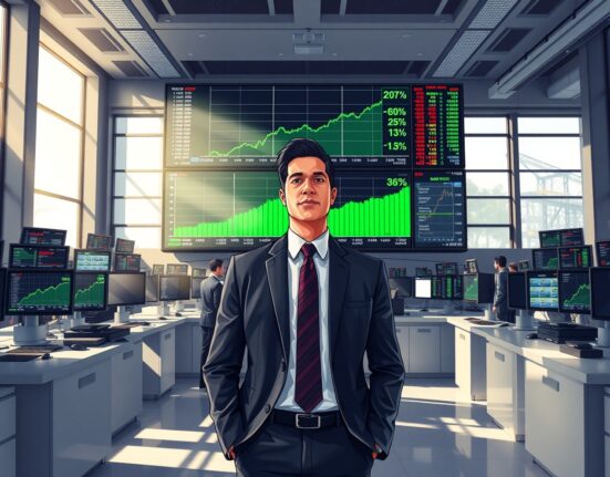 Financial analyst monitors a rebound in cyclical equities on trading floor screens.