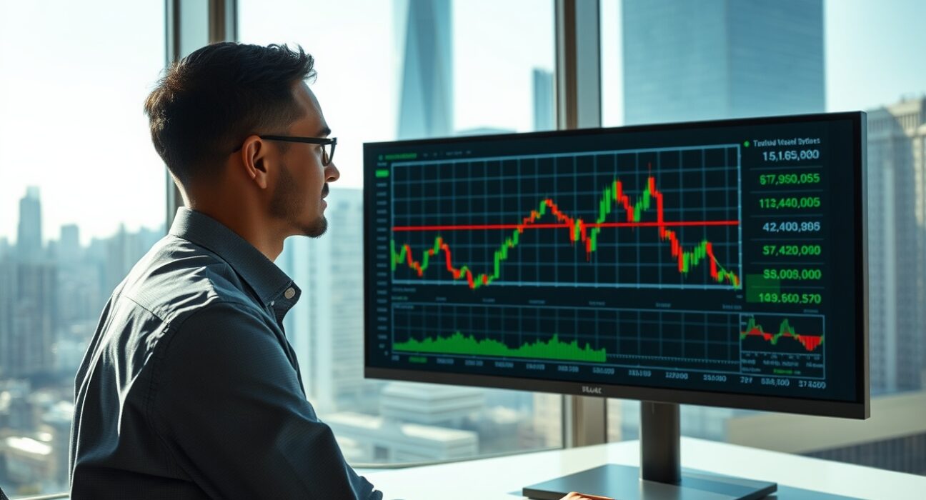 Financial analyst reviewing stock market charts on a digital display in a modern office