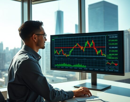 Financial analyst reviewing stock market charts on a digital display in a modern office