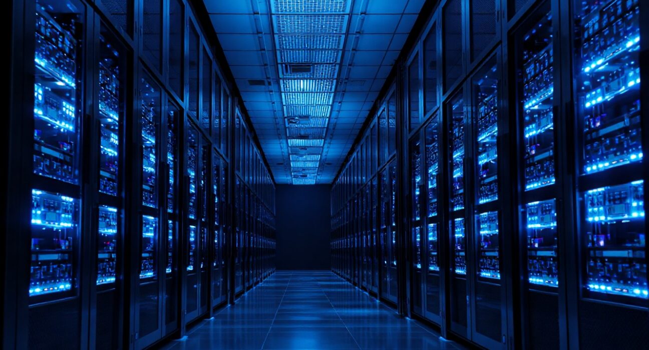 Interior of a modern data center with blue-lit server racks, representing data security infrastructure.